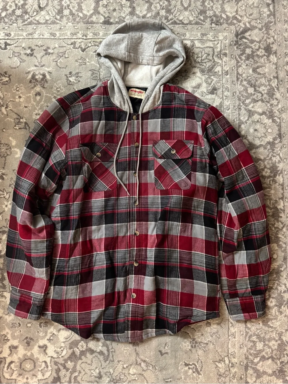 Wrangler Red and Gray Plaid Hooded Button-Down Shirt